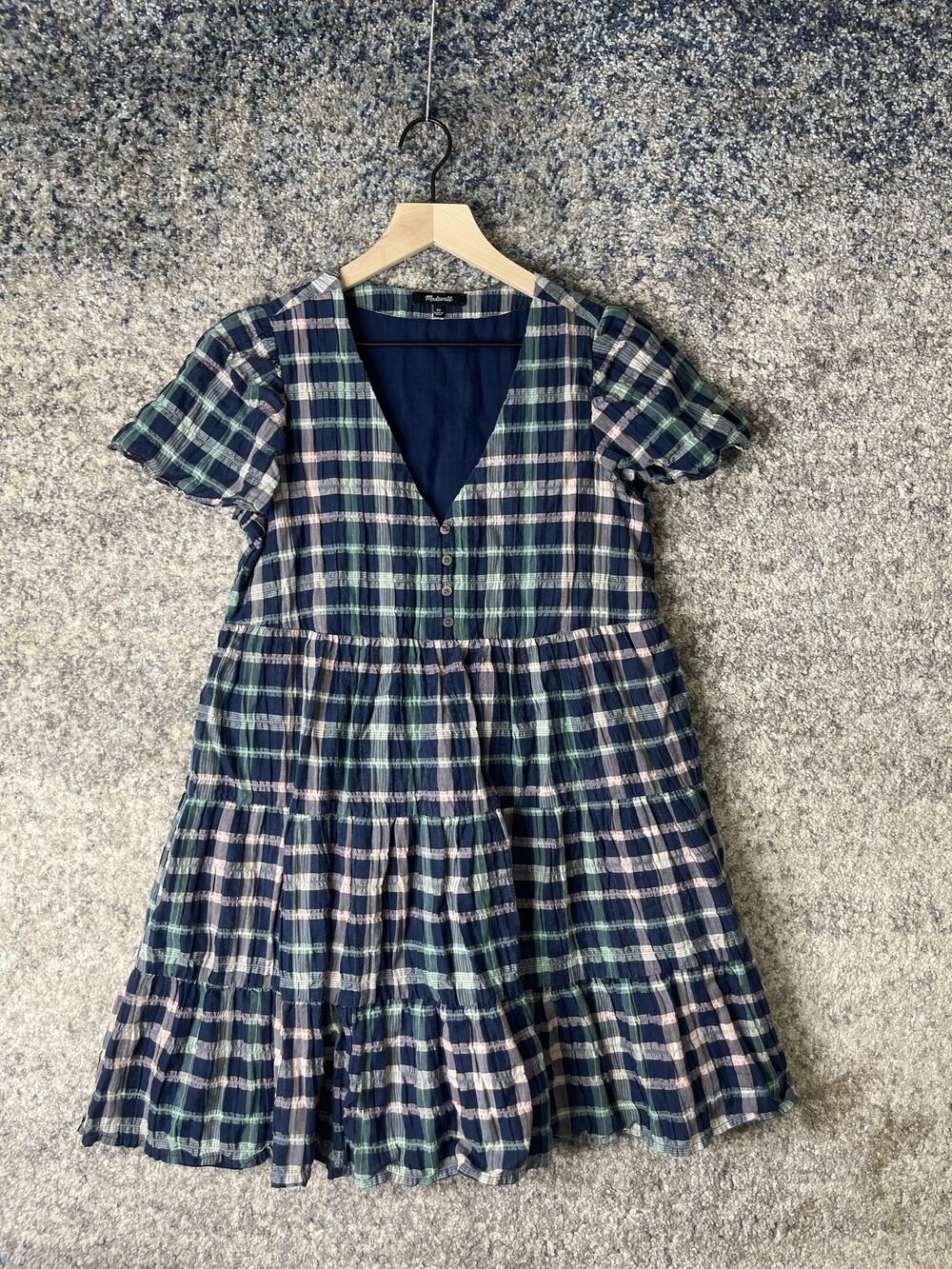Madewell Dress Womens Extra Small Blue Plaid Short Sleeve Button Tiered Midi